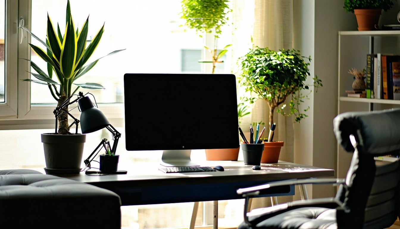 Home office living room with computer potted plants Picture with good lighting