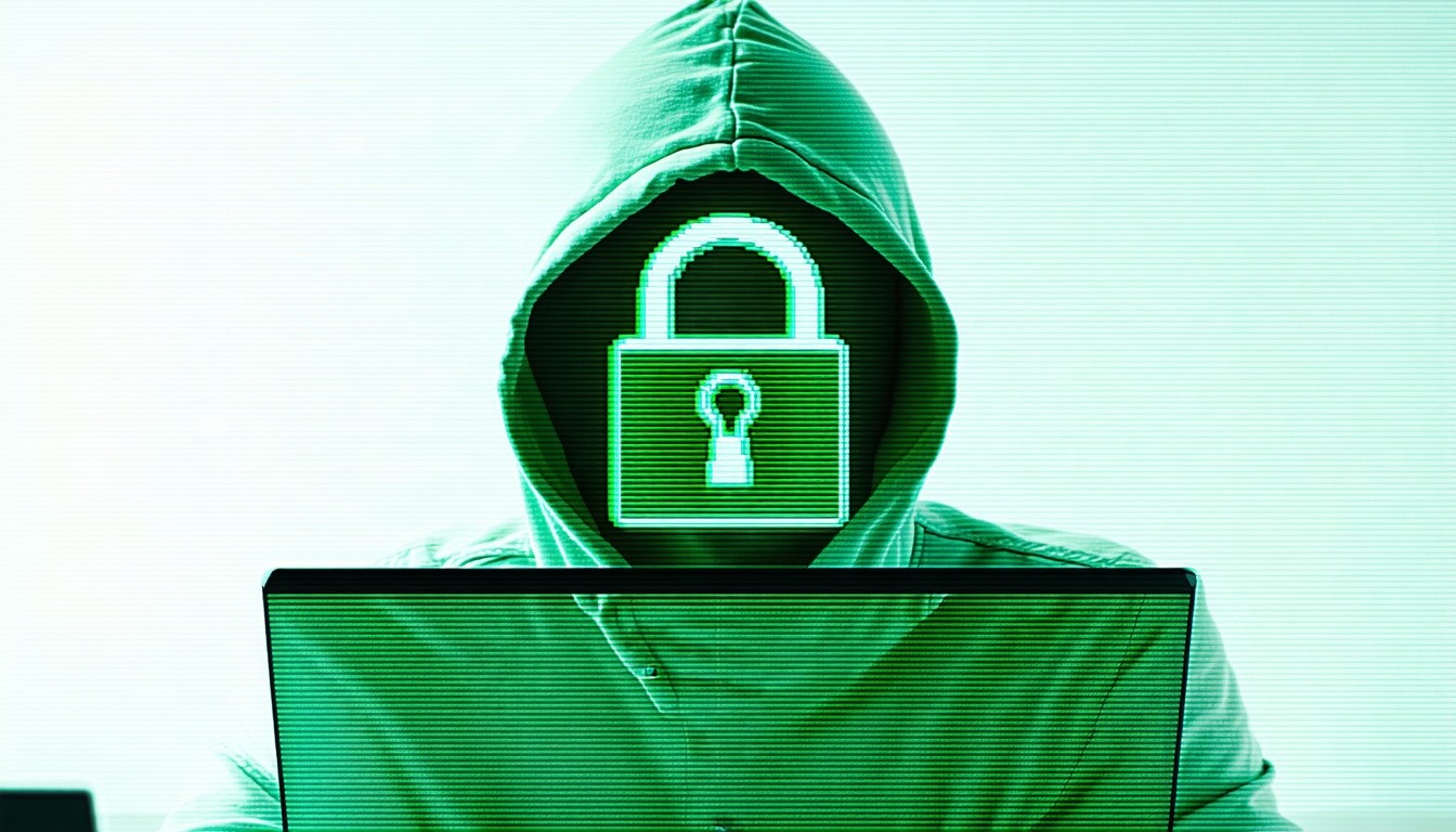 Image of a person at the computer on the computer screen the symbolof a padlock eith green aspects-1