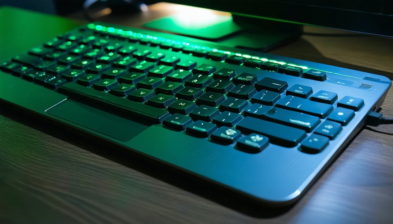 Zoom in on a computers keys green light on top of the photo-1