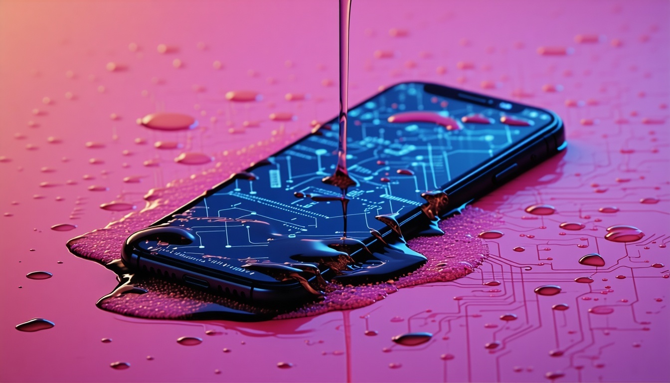 a cell phone leaving the cell phone a liquid dripping and in the liquid symbols of hackers and technology-1