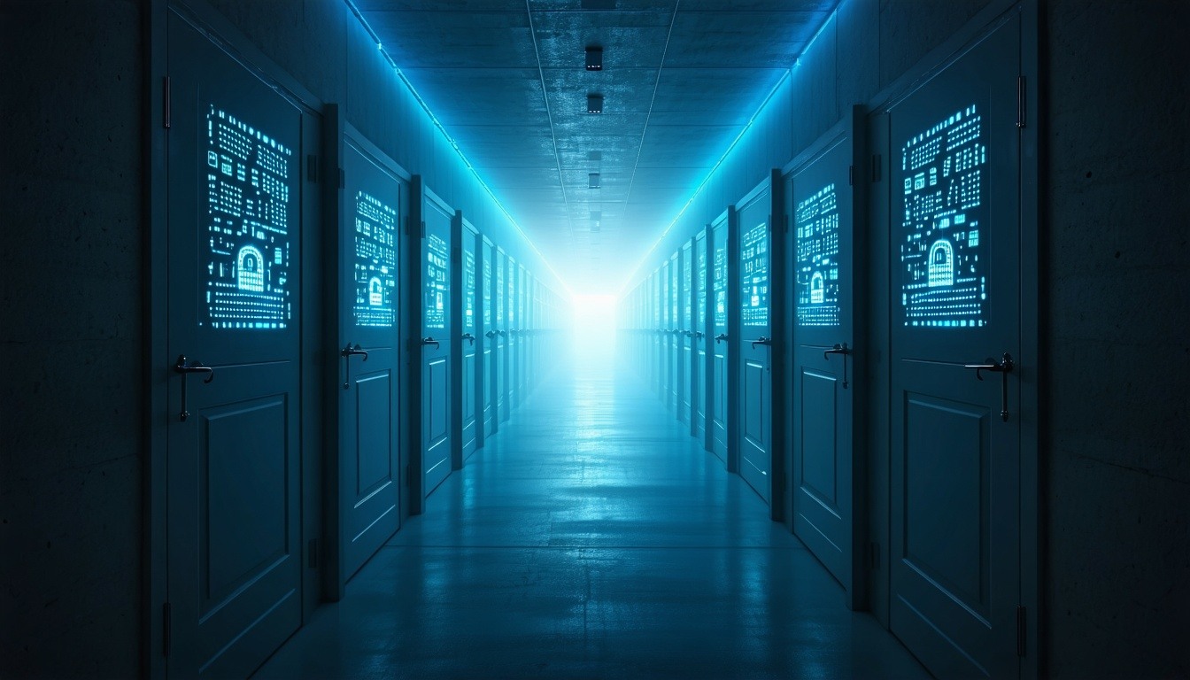 a corridor with doors each door has some hacker symbols image without much light-1