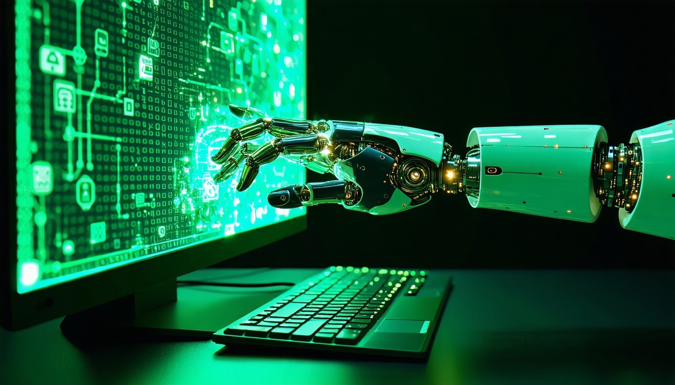 a robot hand coming out of a computer screen with hacker symbols green image-Jun-23-2025-05-29-58-4473-PM