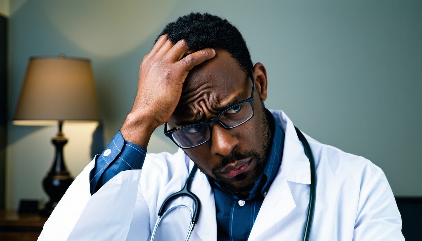 black doctor with his hand on his head worried-2