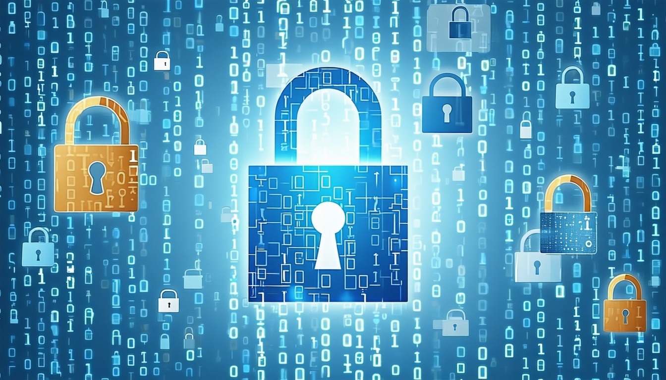 companies behind and symbols of hackers and padlocks in front