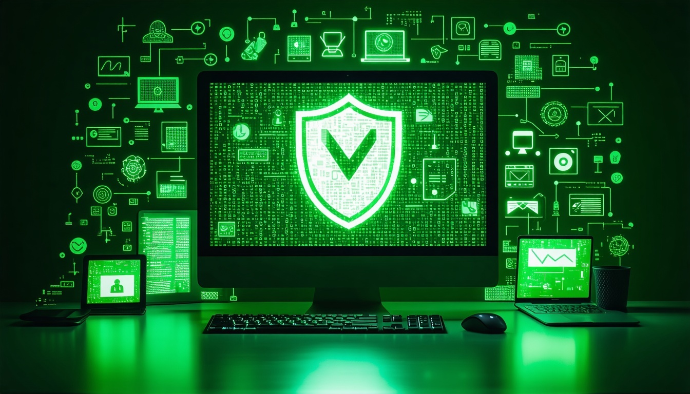 computer screen in the center of the photo with protective shield photo surrounded by technological symbols and hacker symbols green image