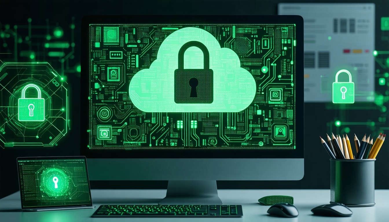 computer screen with cybersecurity cloud with padlock and technology aspects computer screen in green tones-1