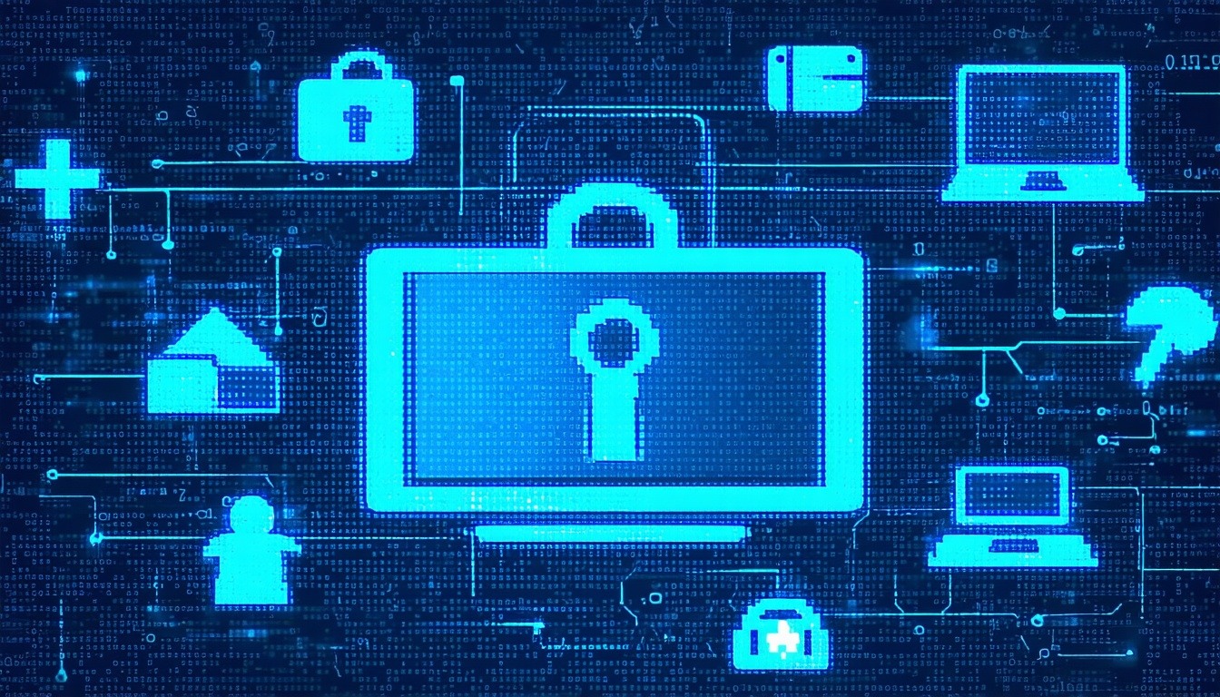 computer screen with eletronic hacker symbols