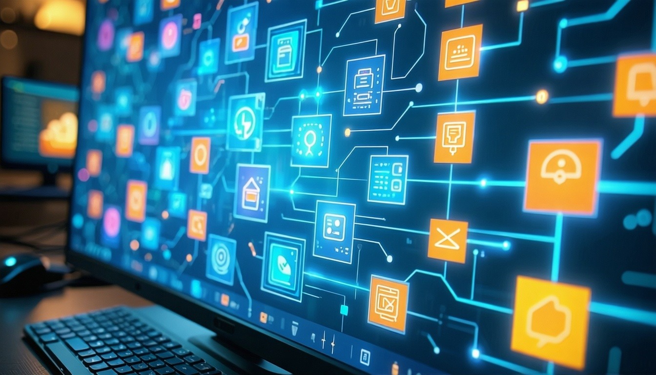 computer screen with icons of various colors with electronic symbols
