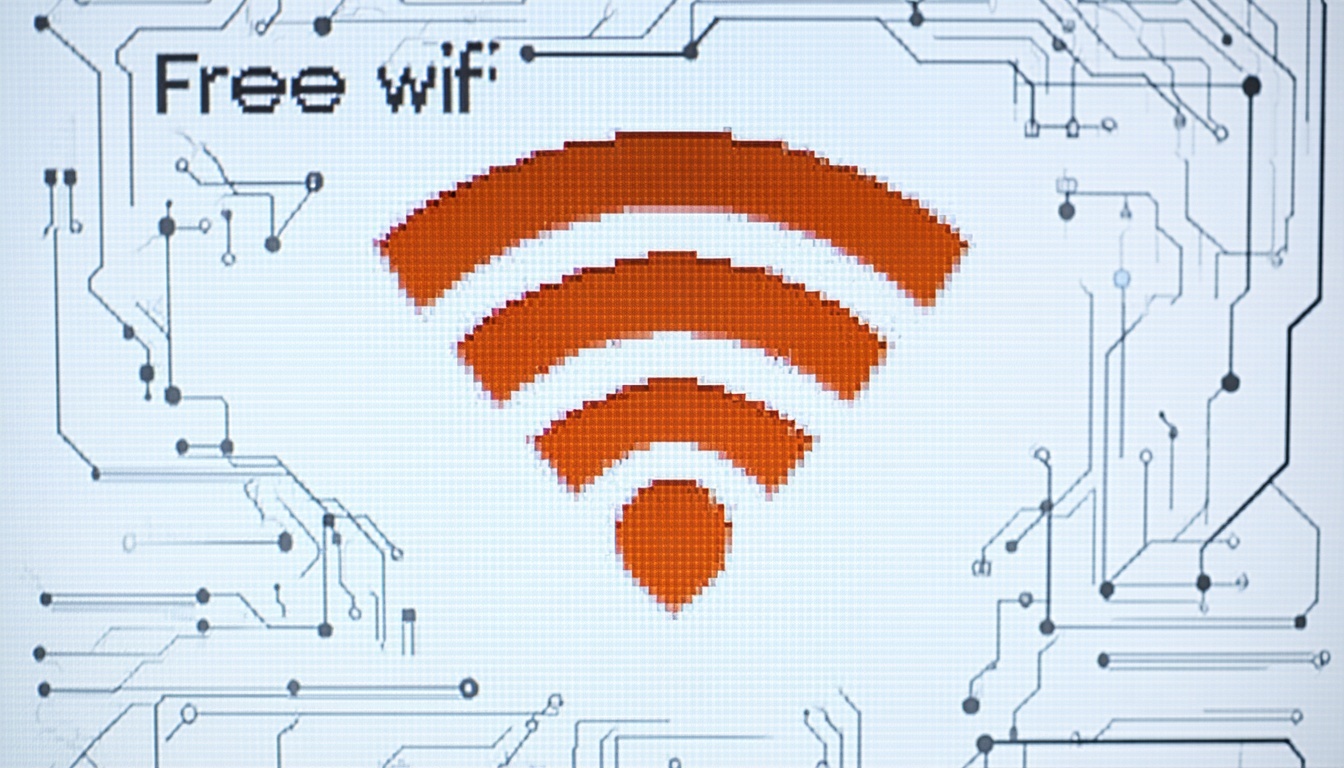 computer screen with the free wifi symbol on top of the symbol a technological shield of cyber protection-3