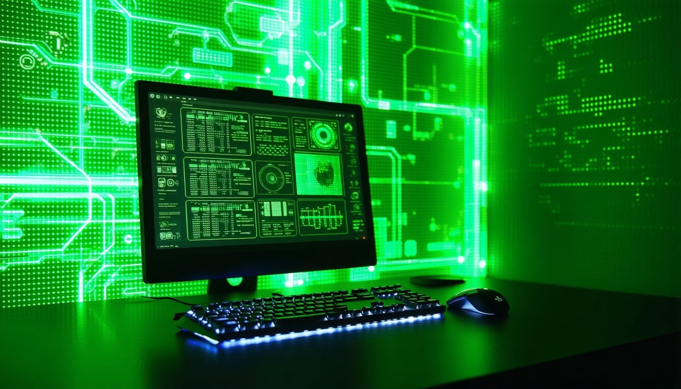 computer with cods green eletric aspects