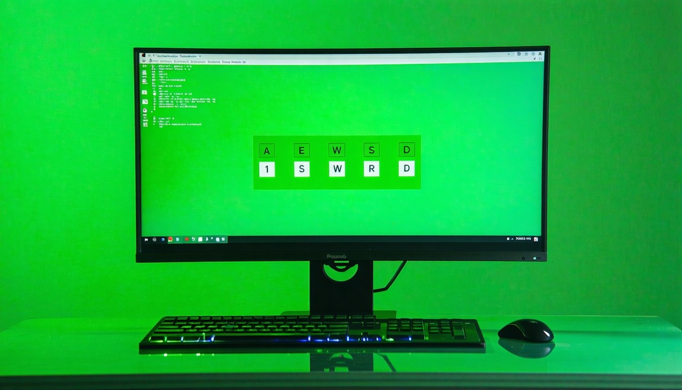 computer with password symbols on screen photo in grenn tones