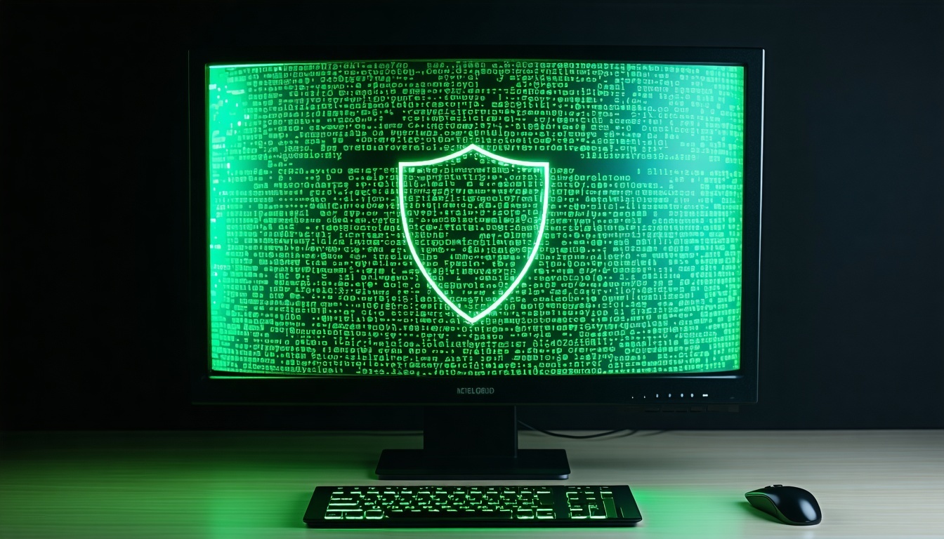 cyber shield in front and covering a computer screen on the computer screen has an aritificial intelligence green image-3