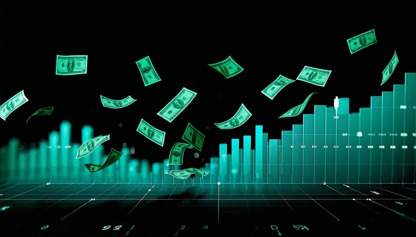 falling graph with money signs and hacker symbols