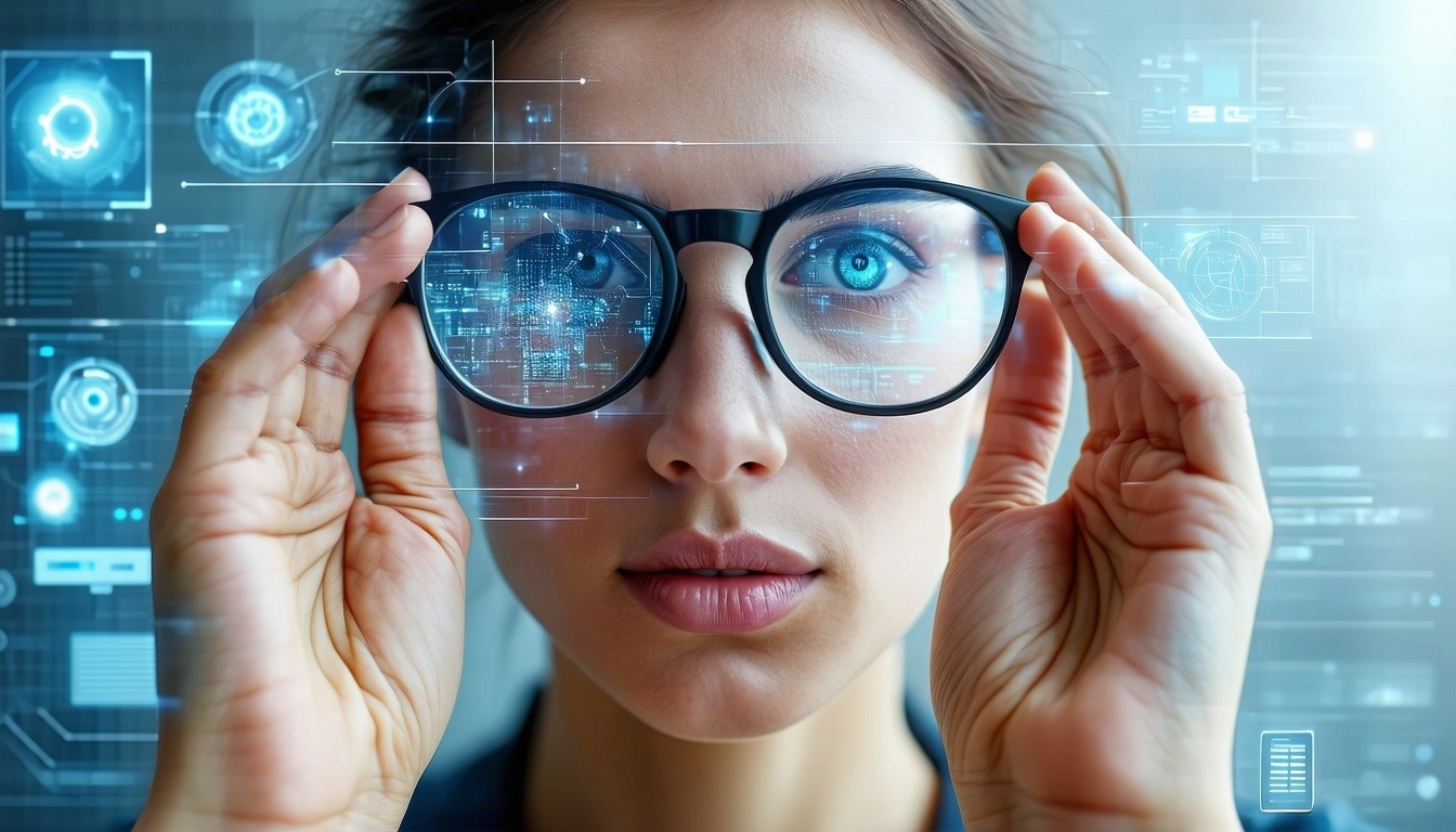 hands of a person holding glasses inside the lens of the glasses several symbols of artificial intelligence-1