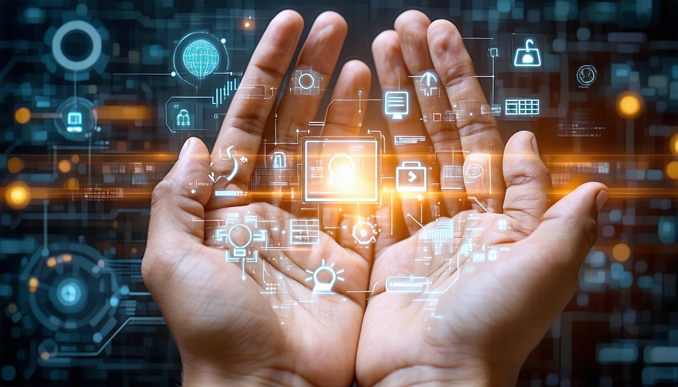 hands with positive electronic symbols-1
