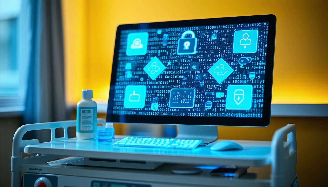 hospital computer with hacker symbols