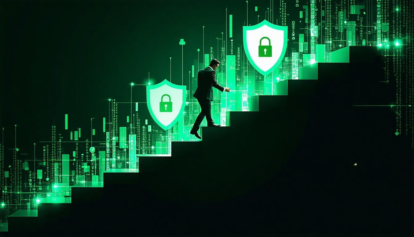 man climbing stair made of column charts with cybersecurity shields around realistic man dark green image-1