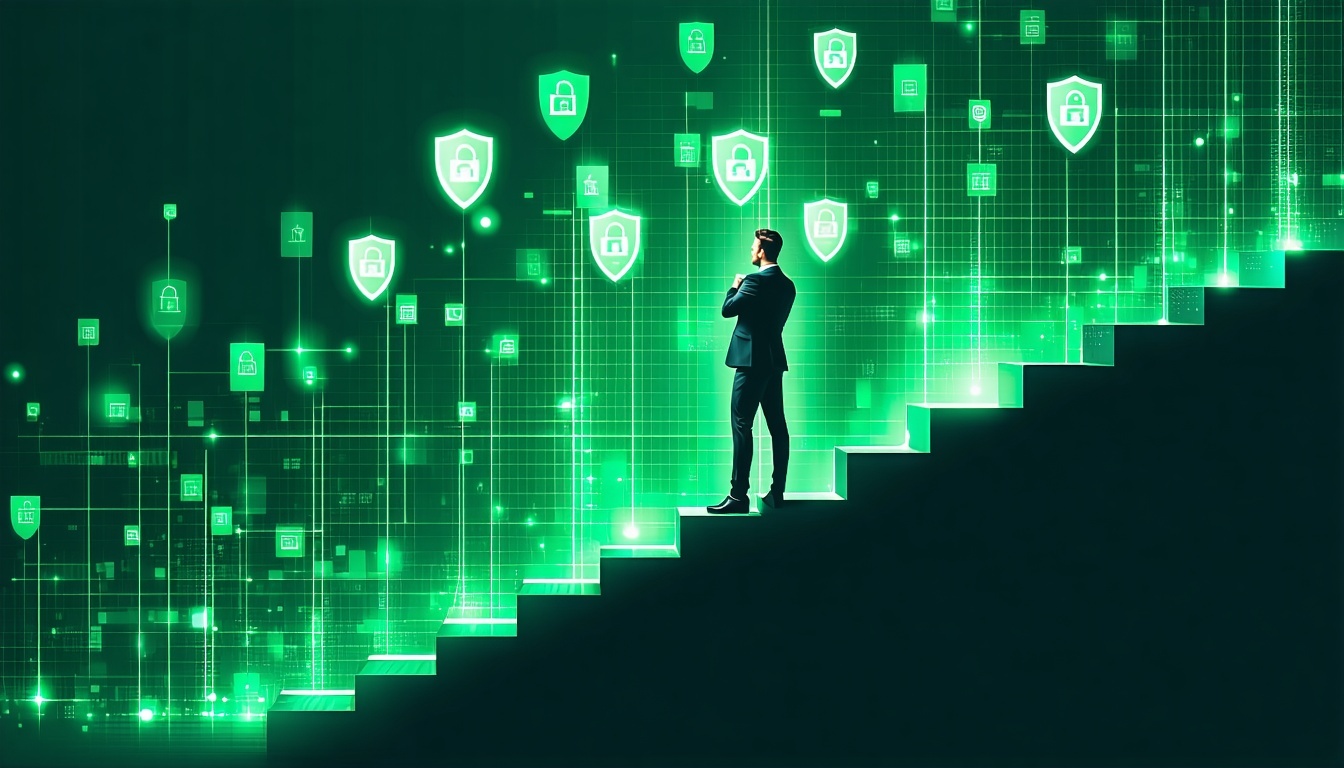 man climbing stair made of column charts with cybersecurity shields around realistic man dark green image-Jul-21-2025-06-07-27-3384-PM