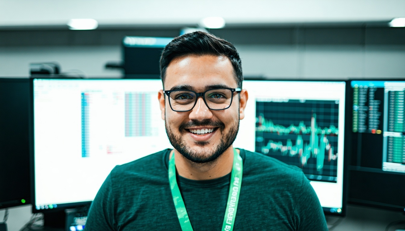man with prescription glasses dark green t shirt grenn badge smiling  in the background f the image technological panels realistic man-1