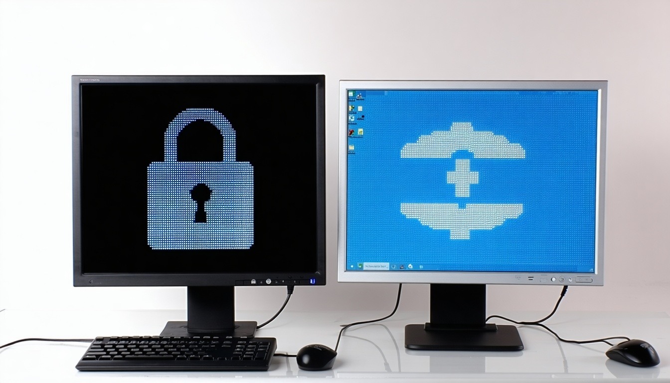 new computer next to older computer on the screen of the new one symbols of an antivirus on the old ones symbols of error-4