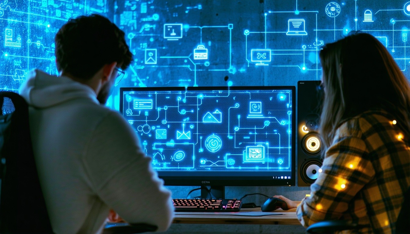 people smalling in front a computer with eletric symbols-3