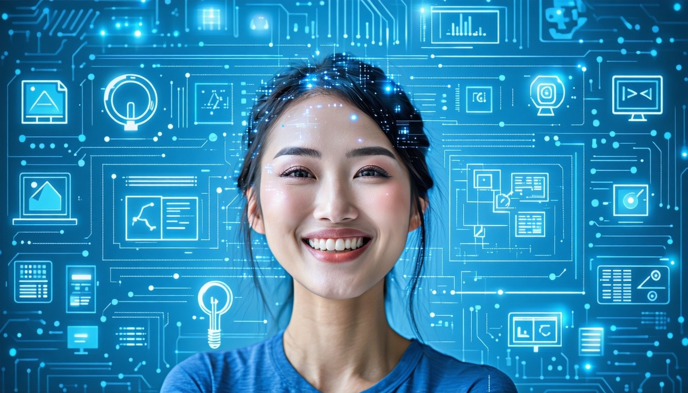 person smile front a compute with eletronics symbols-1