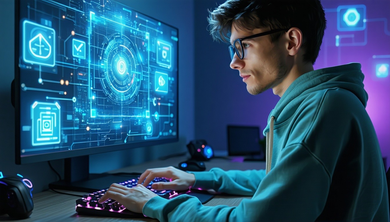 person using computer with eletronics icons