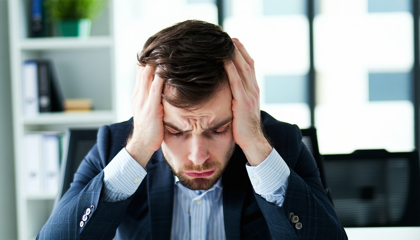person with his hands on his head in an office sad realistic-4