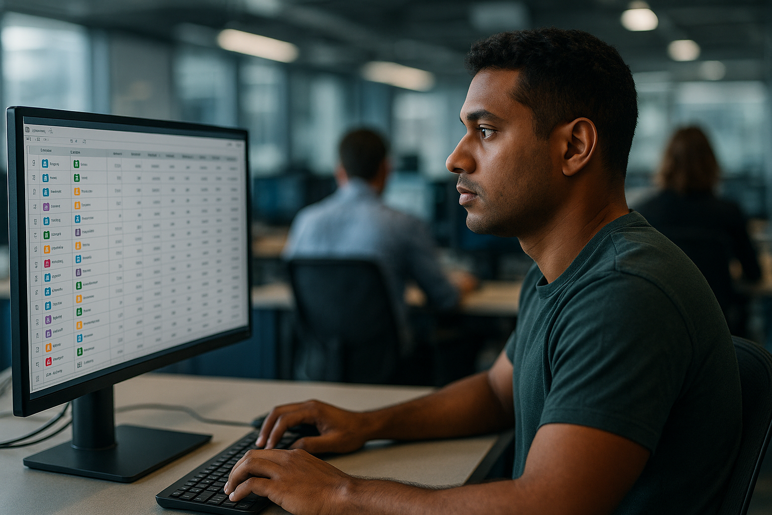 photographic In the image there will be a man around 30 years old with brown skin and brown eyes wearing a dark green Tshirt sitting at an office desk-3