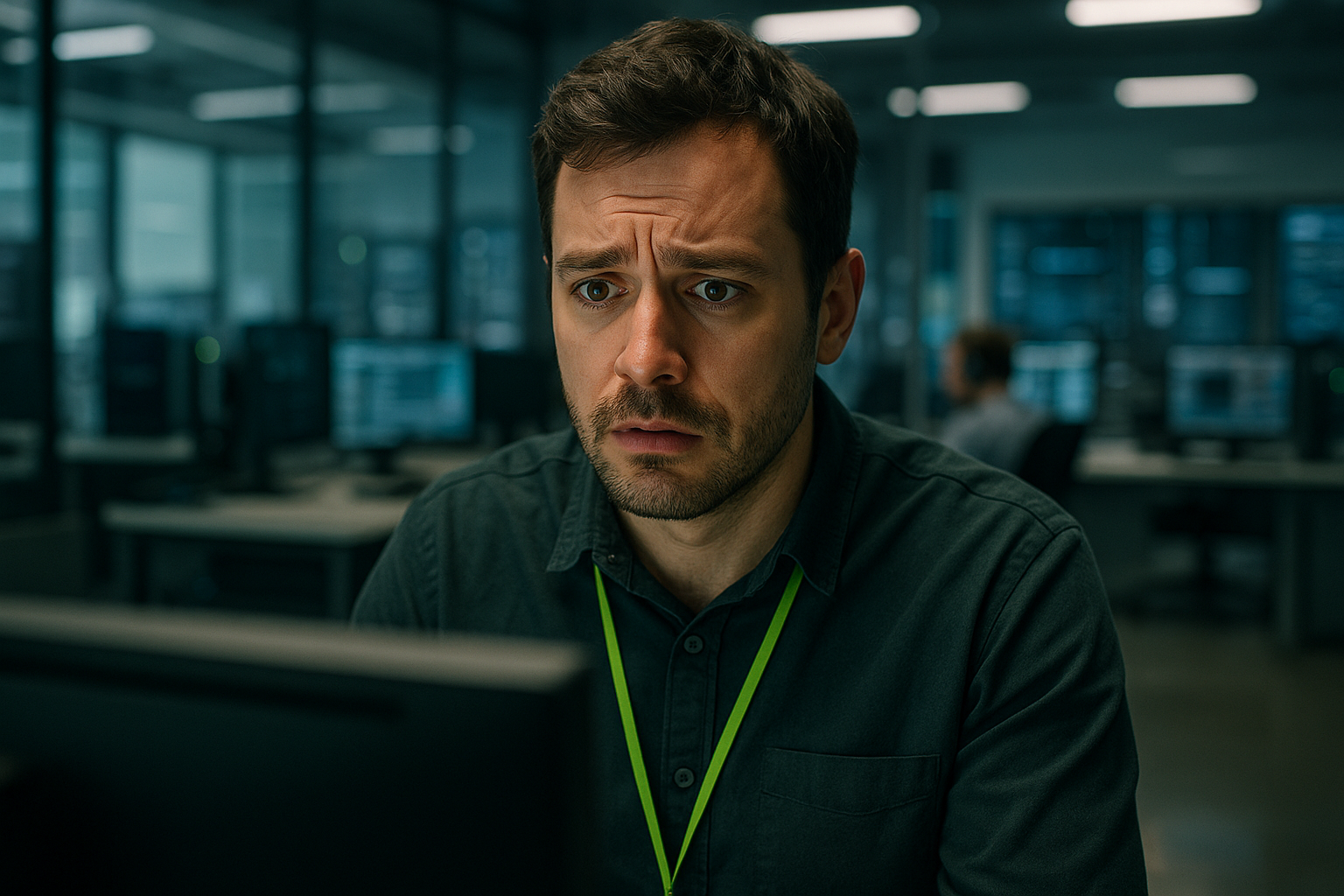 photographic In this image there will be a man with a worried expression sitting in front of a computer screen The setting is a tech office and the ma-1
