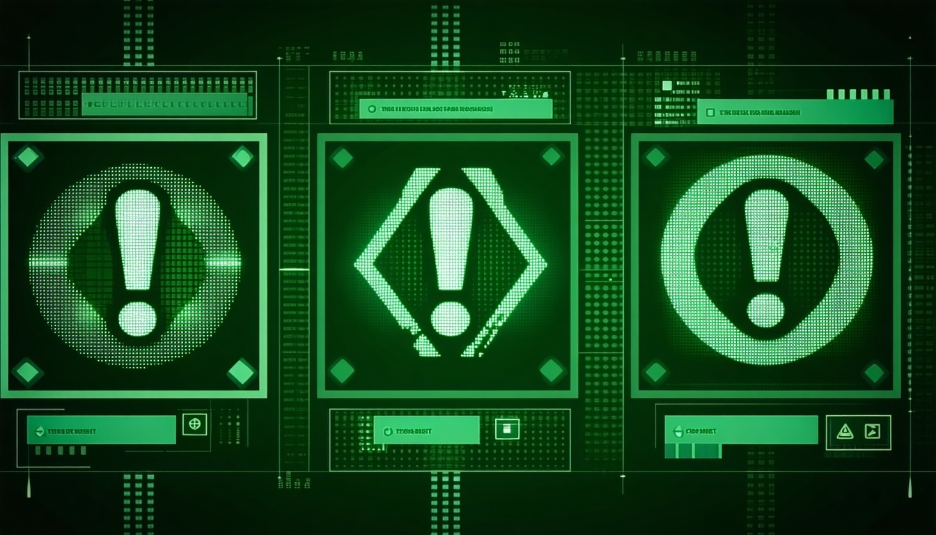 several geometric shpes inside them exclamation and alert points with a dark green and techonological background-3