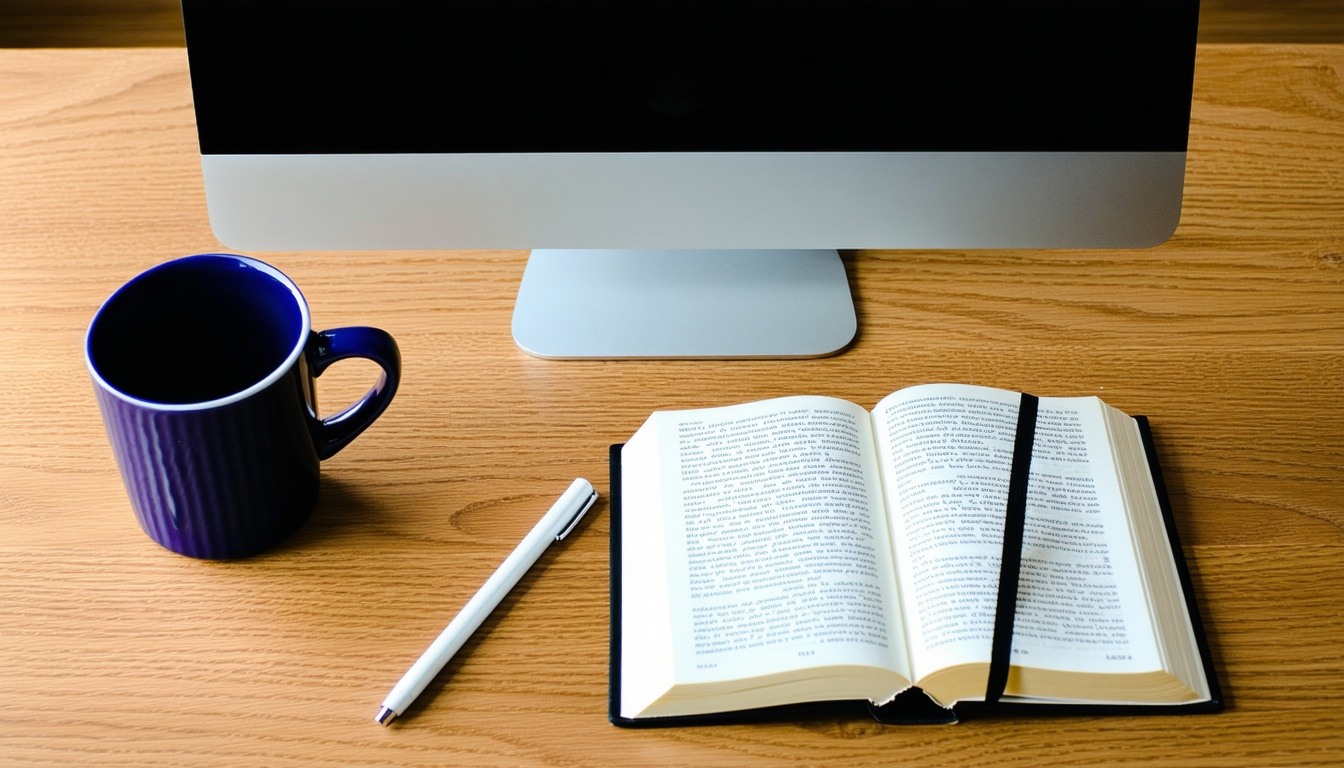 table with one computer one book and one mug and one pen Image View Ed Above-1