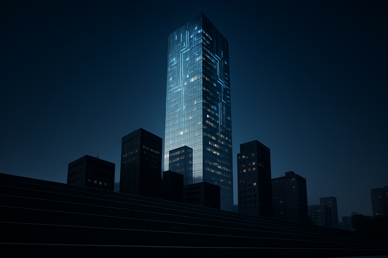 the image shows a tower of companies on stairs with the tallest company being mirrored and with bright lighting while the other companies in the tower are in the dark and small the largest building has technological aspects around realistic image wit