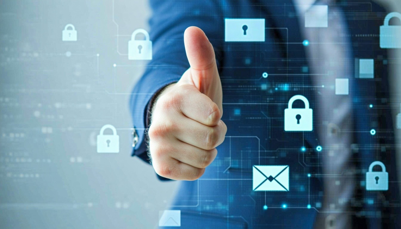 thumbs up with hacker symbols around it