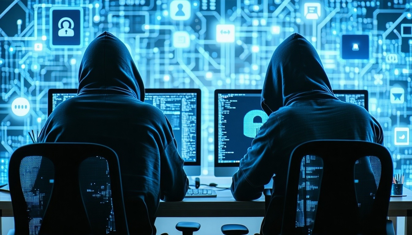 two peoples in front on computers hacker symbols