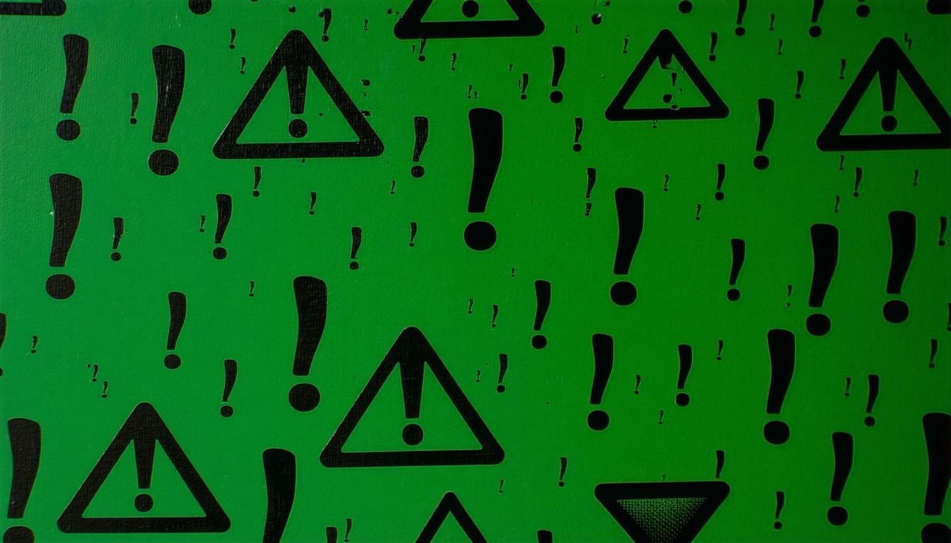 warning signs urgent exclamation marks scattered in black on a dark green background