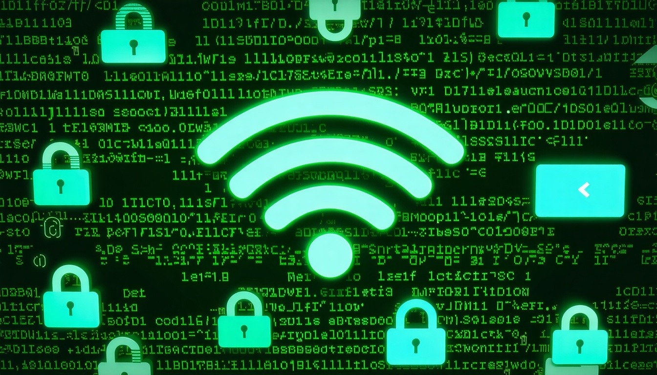 wifi symbol surrounded by hacker symbols